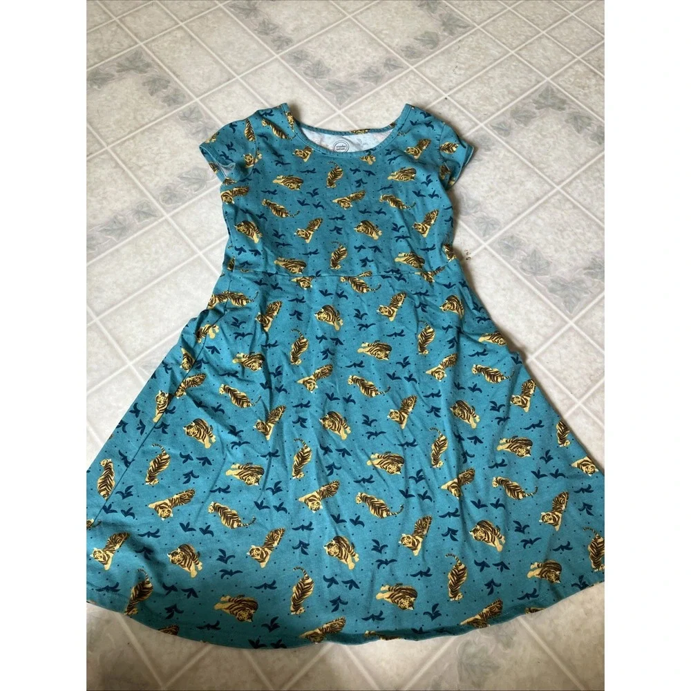 Wonder Nation Dress  Long Modest Short Sleeve Casual 10-12 Turquoise Tiger Print